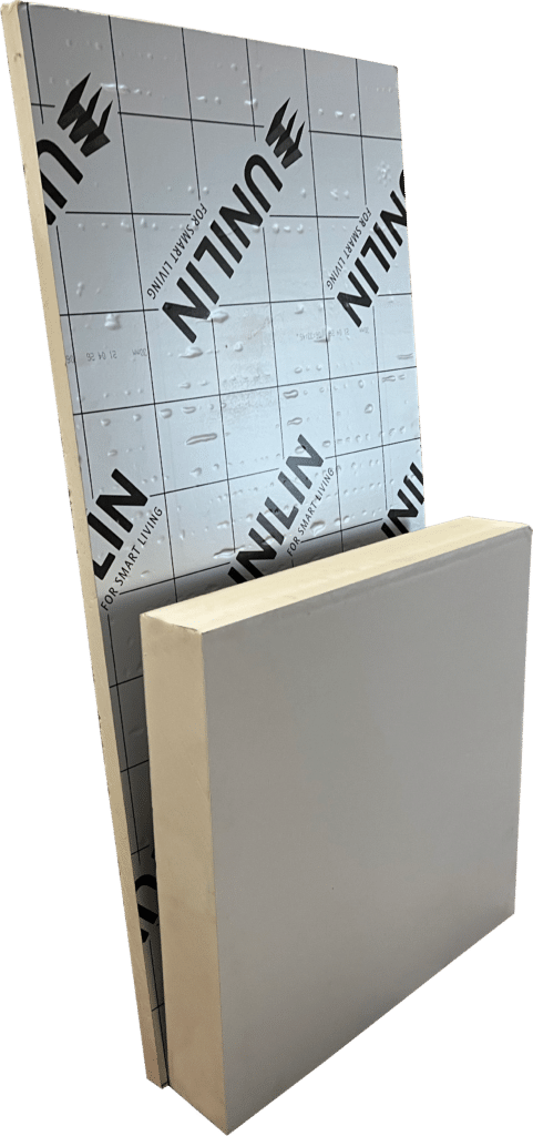 Panneau isolant PIR L de 120cm x 60cm avec surfaçage aluminium et Panneau isolant PIR L 60cm x 60cm avec surfaçage craft