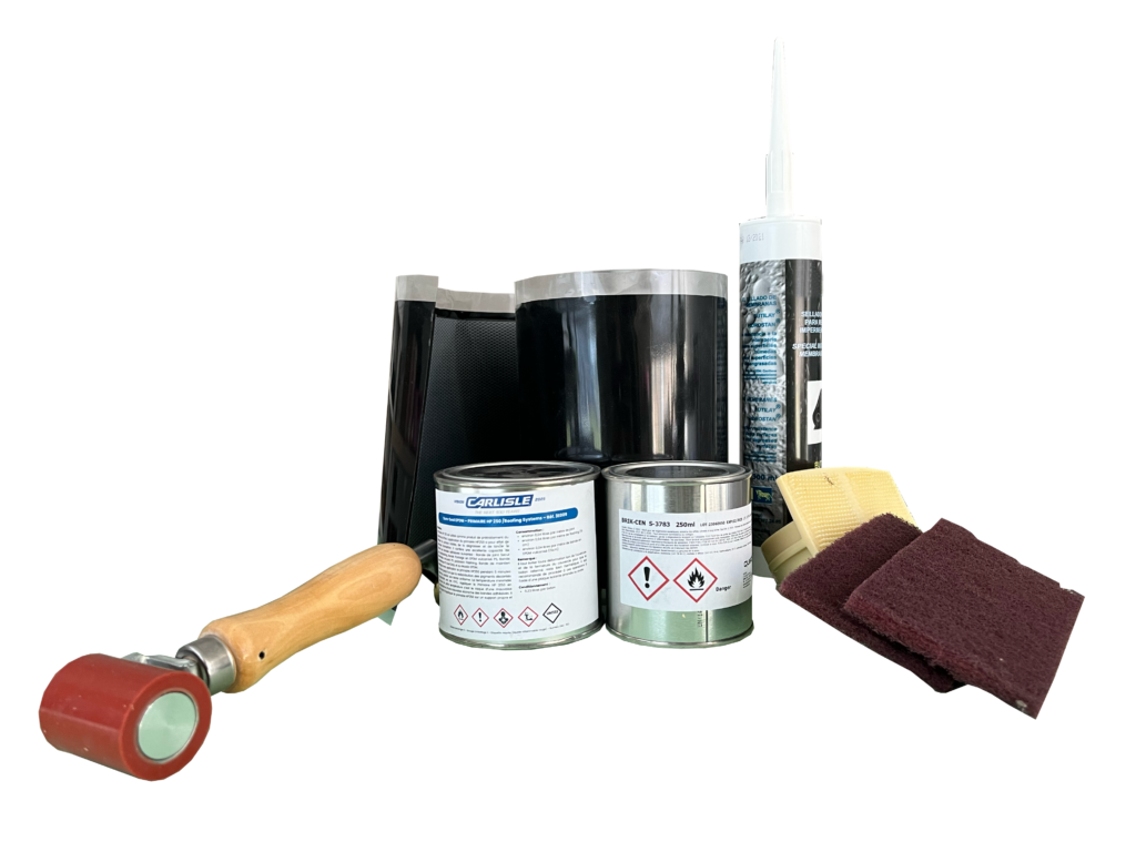 Kit de Réparation EPDM Premium flashing Mètre Linéaire, primaire, nettoyant, grattoir et éponge, roulette à maroufler et mastic EPDM
