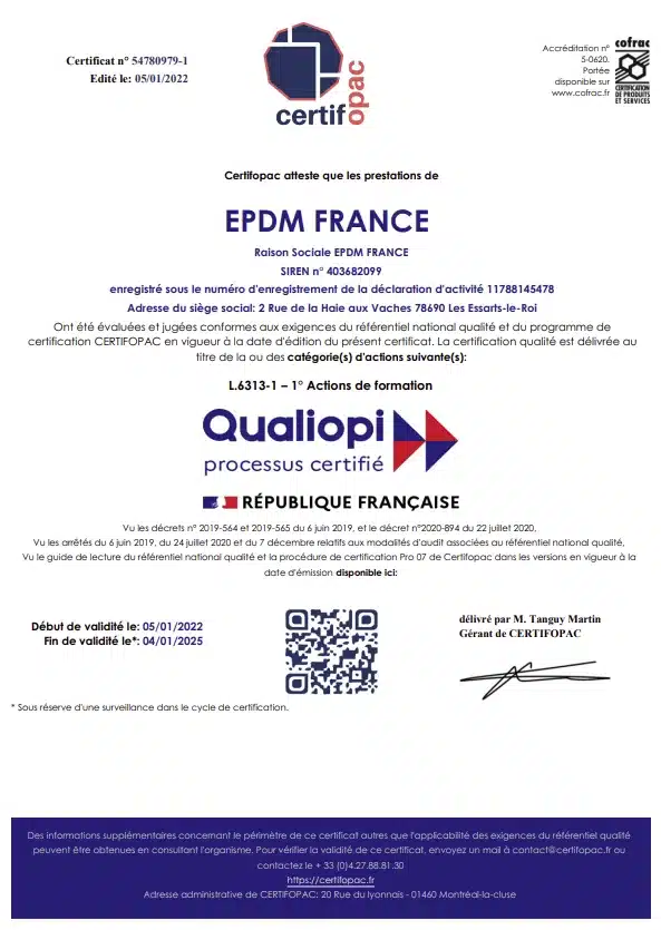 Image montrant la certification Qualiopi pour la formation EPDM d'EPDM France, pose membrane et étanchéité